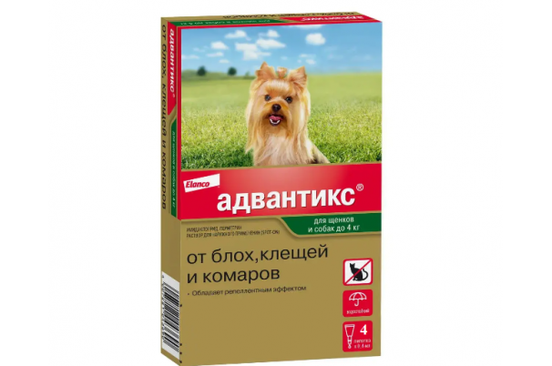 Адвантикс капли на холку для собак весом до 4 кг от блох, клещей и комаров
