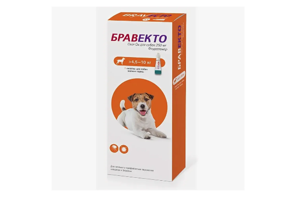 Бравекто Спот Он для собак от 4,5 до 10 кг, 250 мг (1 пип/уп)